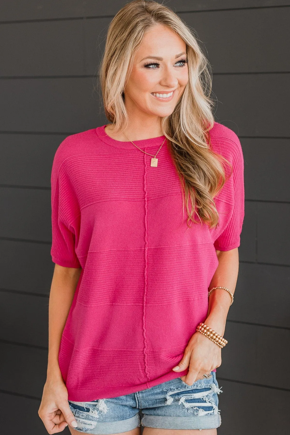 Banding Together Knit Top- Fuchsia