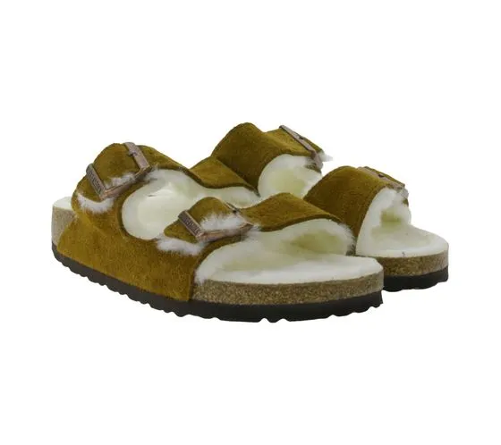 BIRKENSTOCK Arizona Damen Pantoletten mit Fellfutter Made in Germany schmale Breite 1001135 Braun