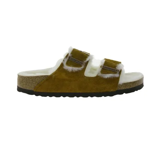 BIRKENSTOCK Arizona Damen Pantoletten mit Fellfutter Made in Germany schmale Breite 1001135 Braun