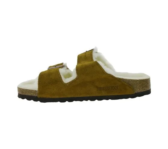 BIRKENSTOCK Arizona Damen Pantoletten mit Fellfutter Made in Germany schmale Breite 1001135 Braun