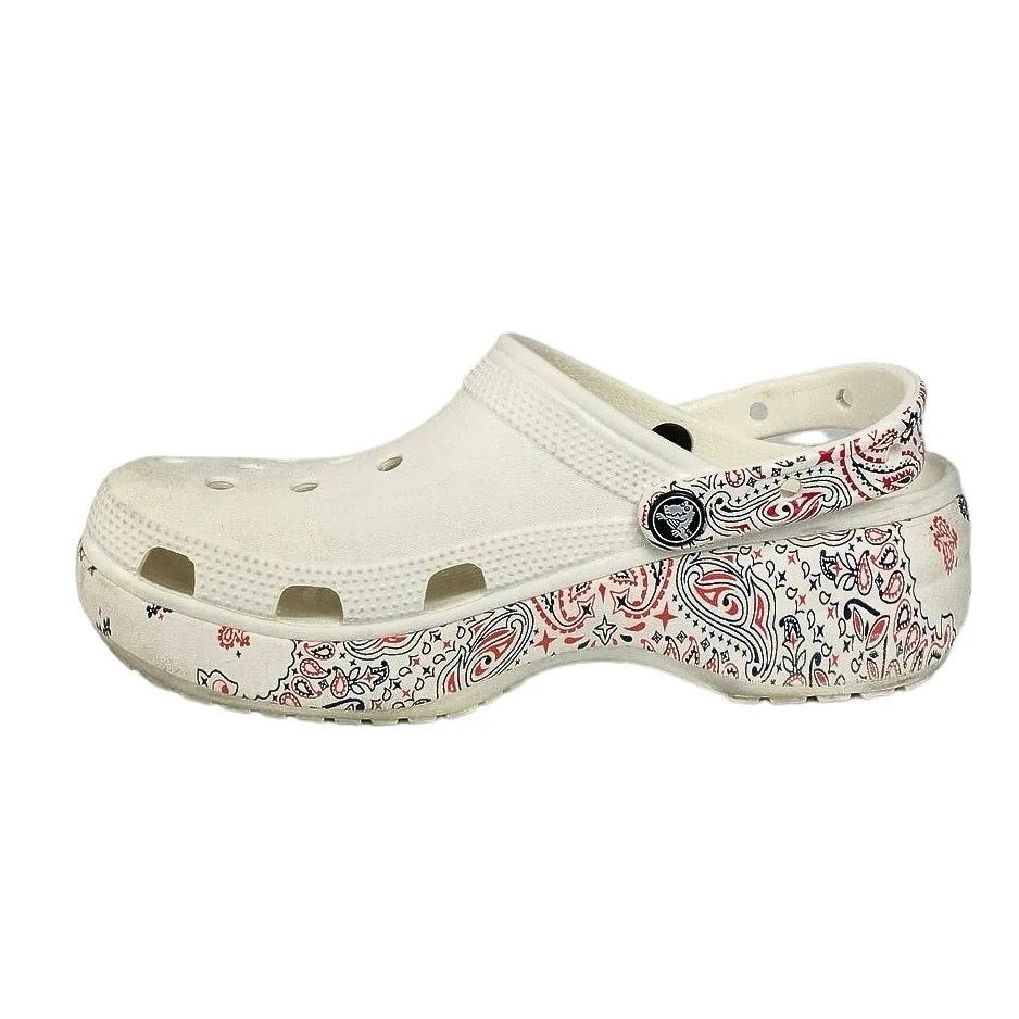 Crocs White American Paisley Floral Classic Platform Boho Clogs Shoes Size 9