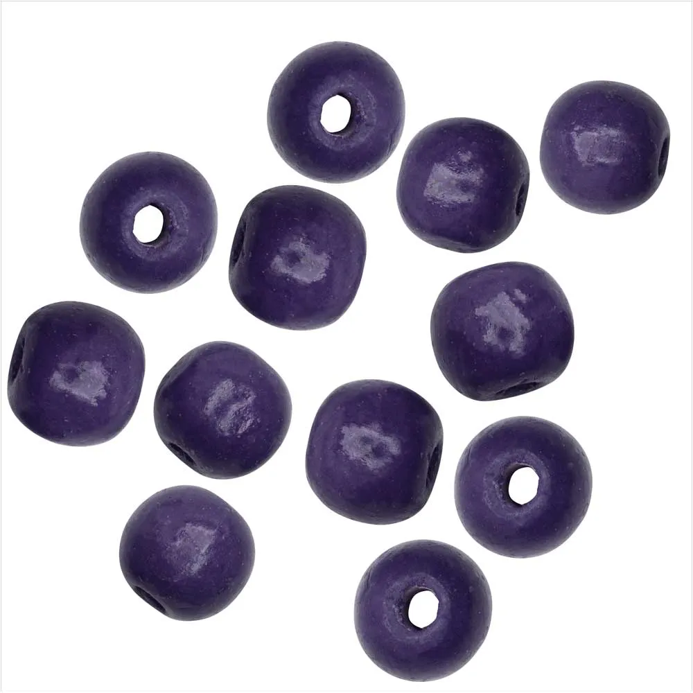 Dyed Wood Beads, Smooth Large Hole Round 16mm, Indigo (12 Pieces)