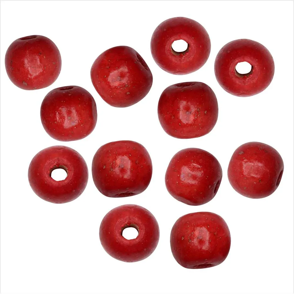 Dyed Wood Beads, Smooth Large Hole Round 16mm, Red (12 Pieces)