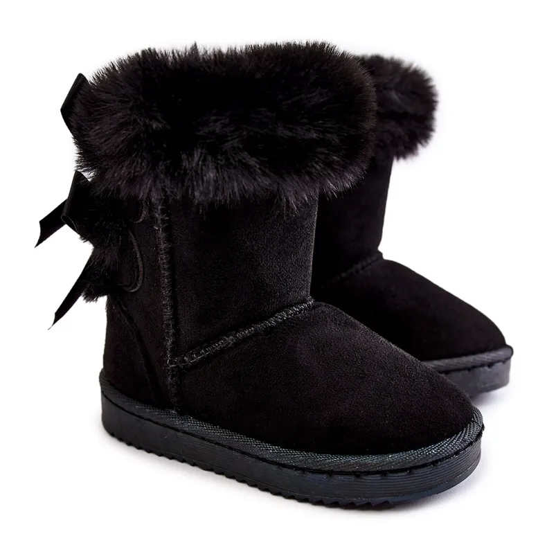 FR1 Children's Black Warm Boots With Bows Funky Black Snow Boots