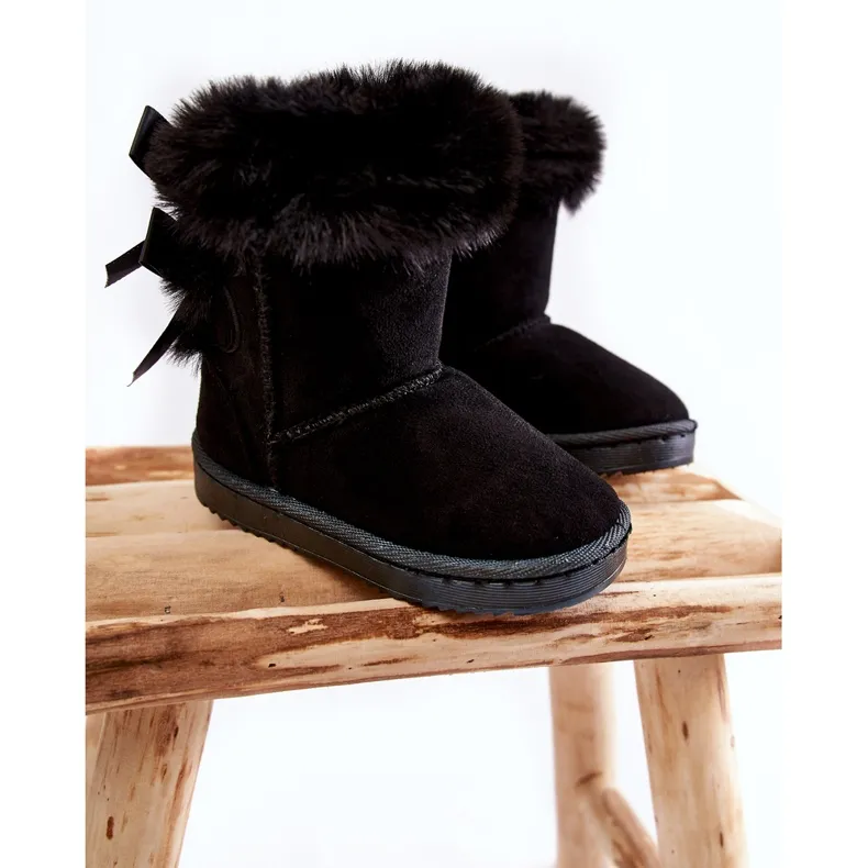 FR1 Children's Black Warm Boots With Bows Funky Black Snow Boots