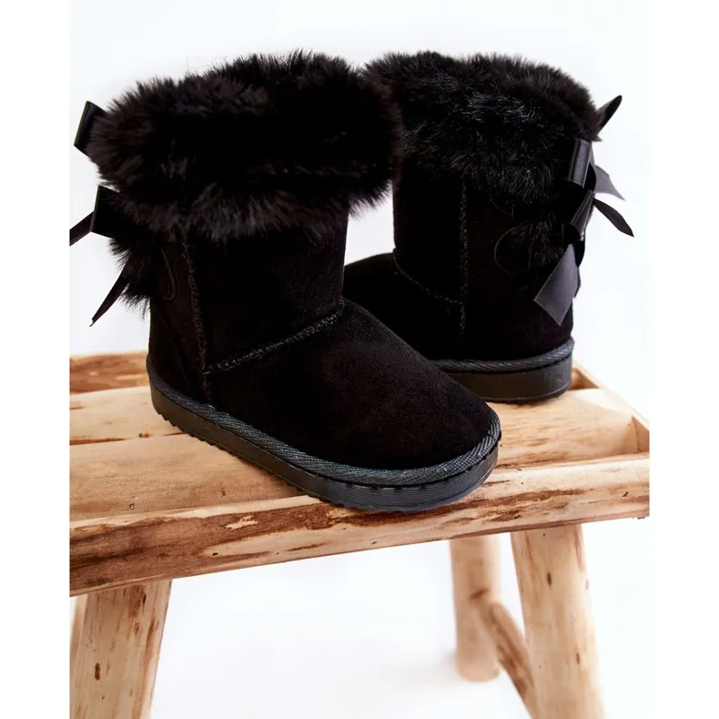 FR1 Children's Black Warm Boots With Bows Funky Black Snow Boots