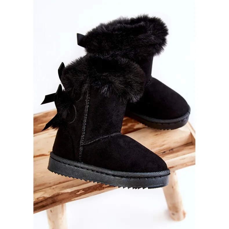 FR1 Children's Black Warm Boots With Bows Funky Black Snow Boots