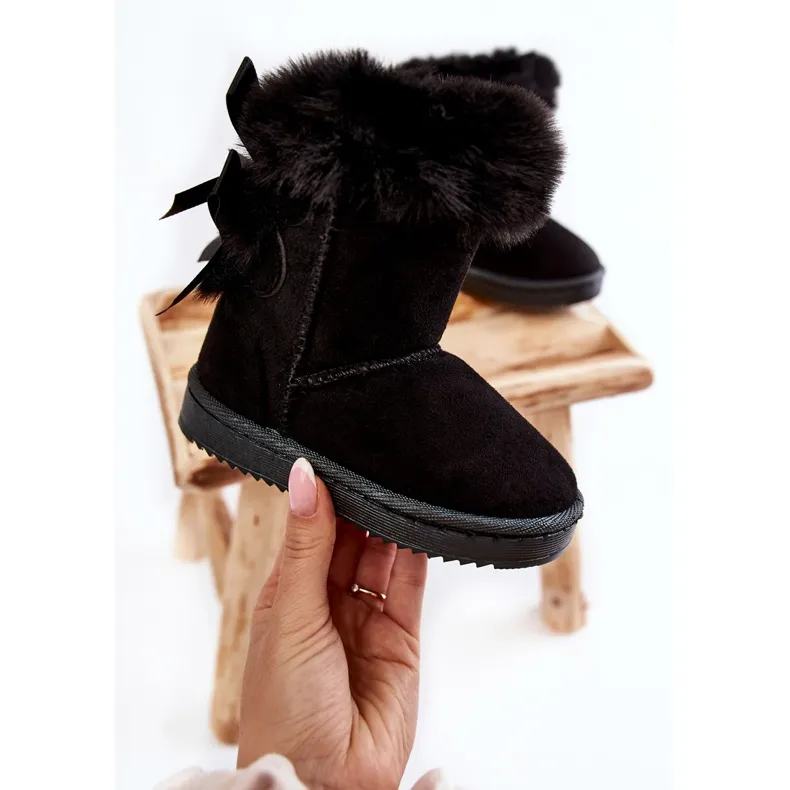 FR1 Children's Black Warm Boots With Bows Funky Black Snow Boots