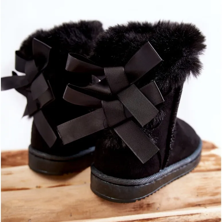 FR1 Children's Black Warm Boots With Bows Funky Black Snow Boots