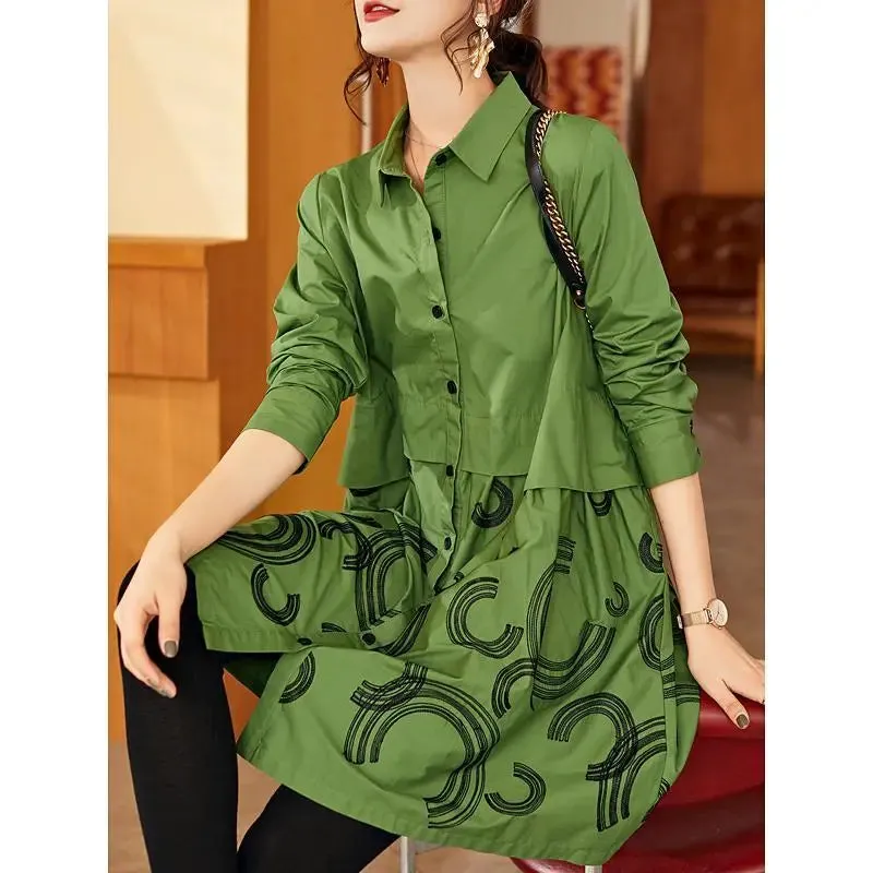 Korean Casual Polo-Neck Printed Button Blouse Long Sleeve