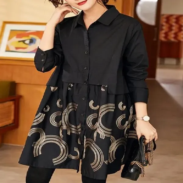 Korean Casual Polo-Neck Printed Button Blouse Long Sleeve