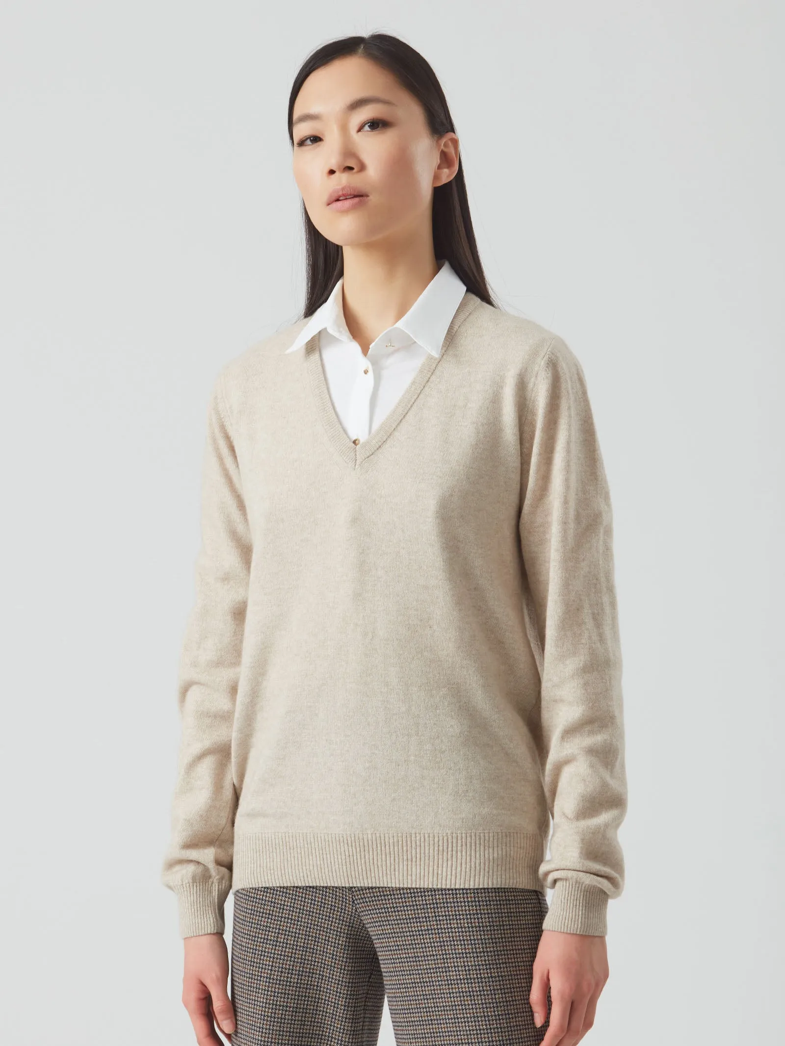 Maglia scollo a V in Cashmere Blend - Champignon mel.