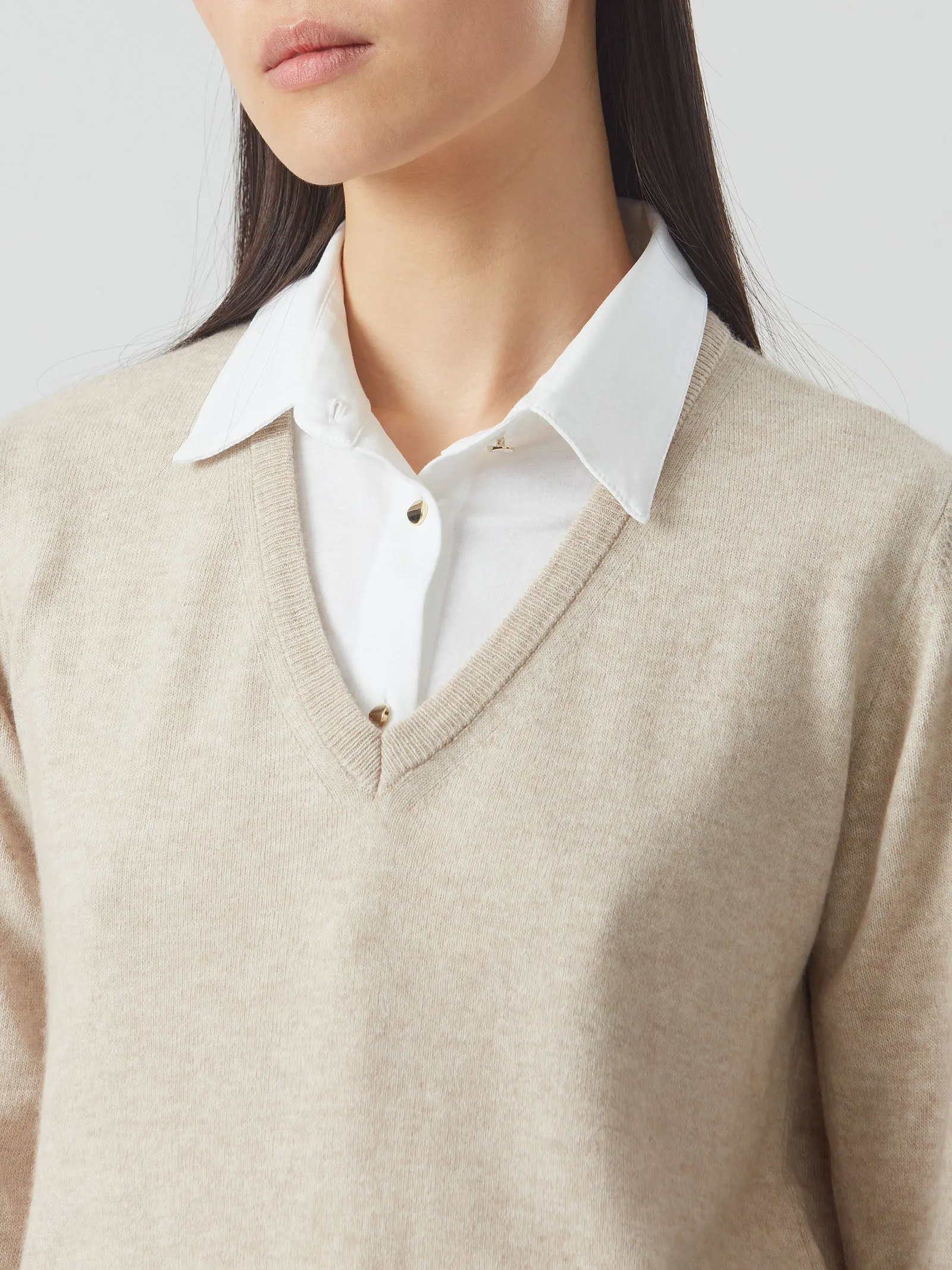 Maglia scollo a V in Cashmere Blend - Champignon mel.