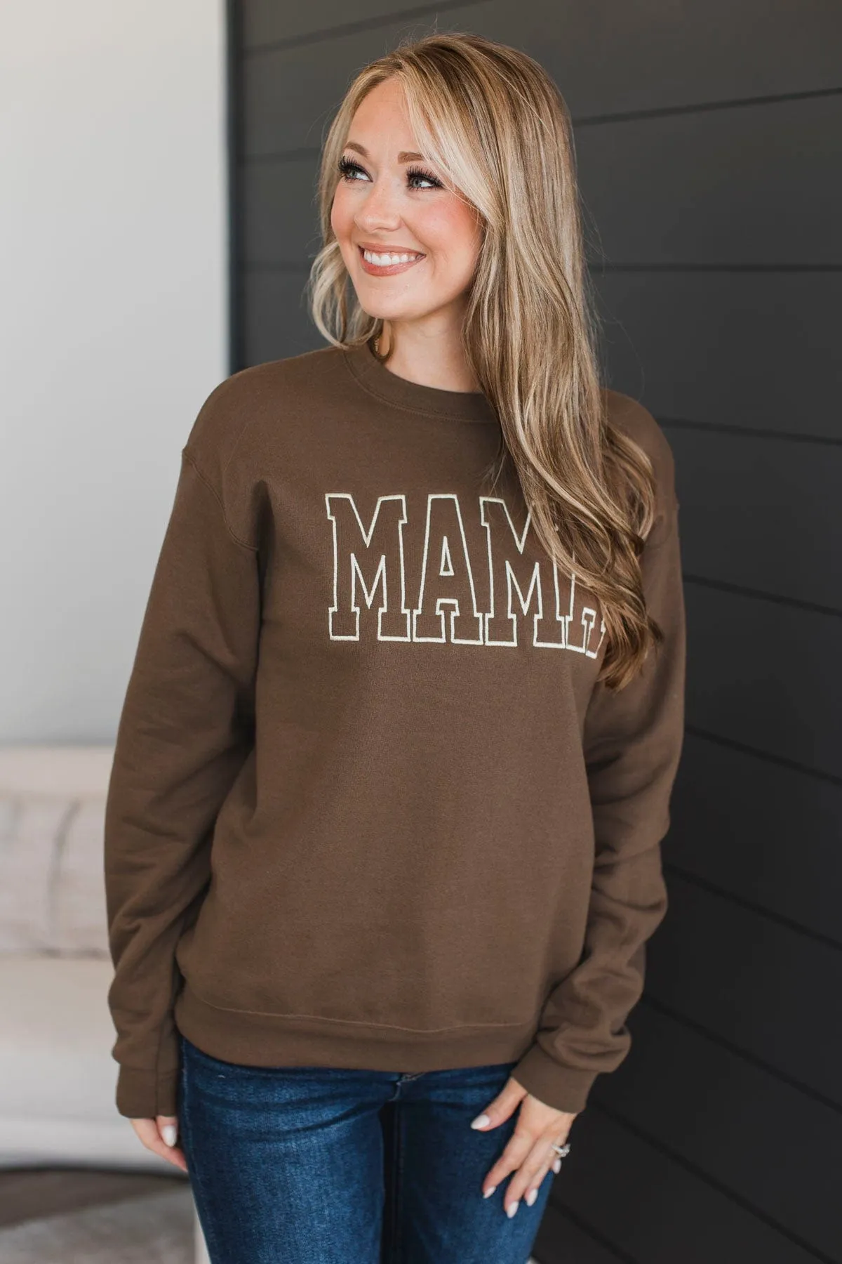 Mama Embroidered Crew Neck Pullover- Chocolate