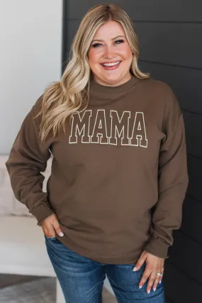 Mama Embroidered Crew Neck Pullover- Chocolate