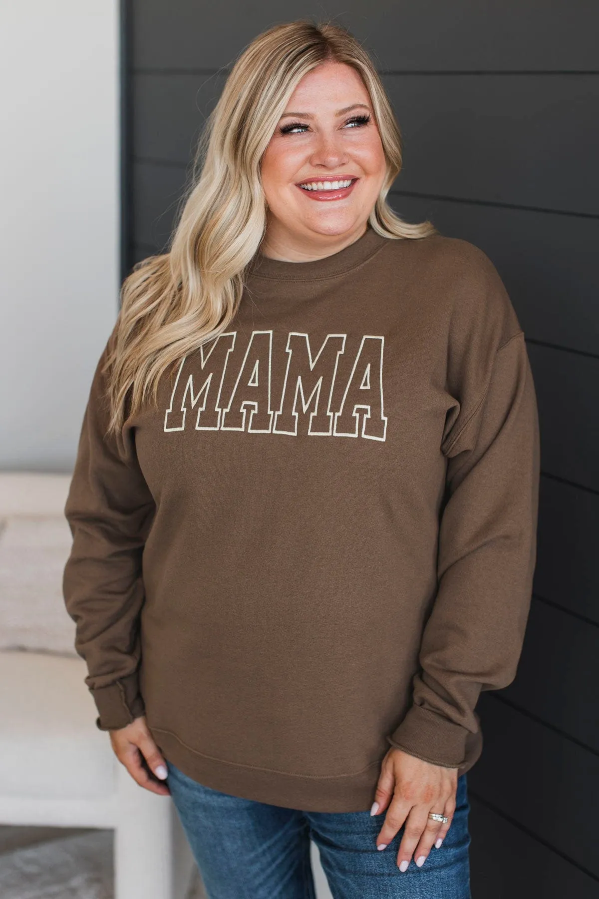 Mama Embroidered Crew Neck Pullover- Chocolate