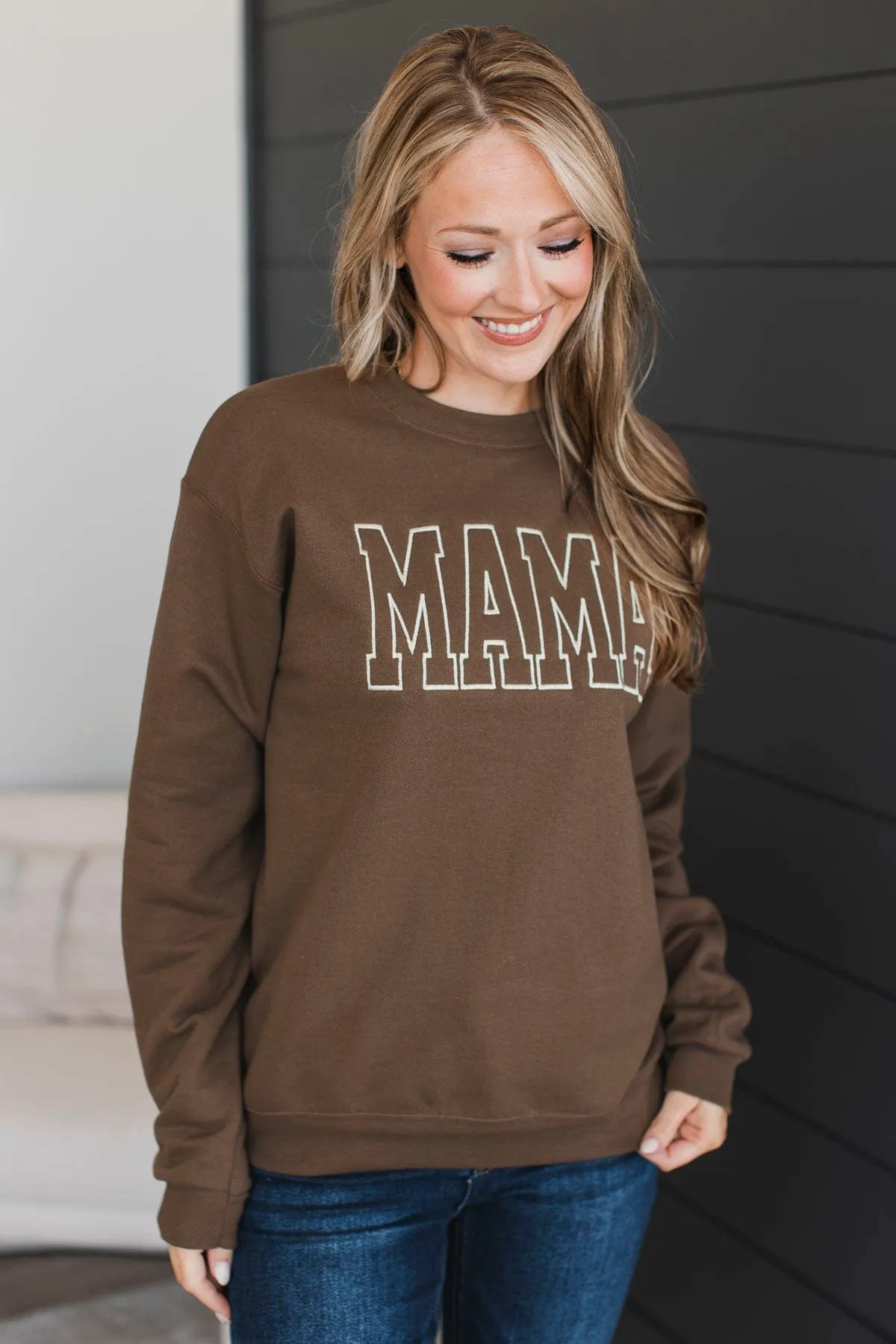 Mama Embroidered Crew Neck Pullover- Chocolate