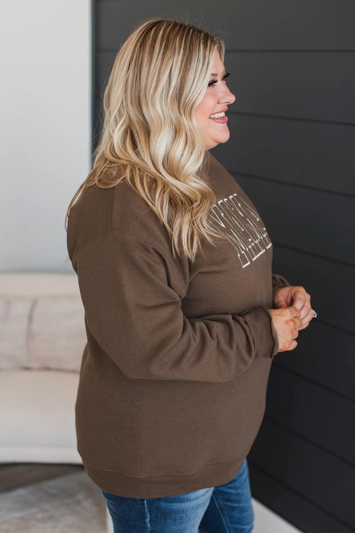 Mama Embroidered Crew Neck Pullover- Chocolate