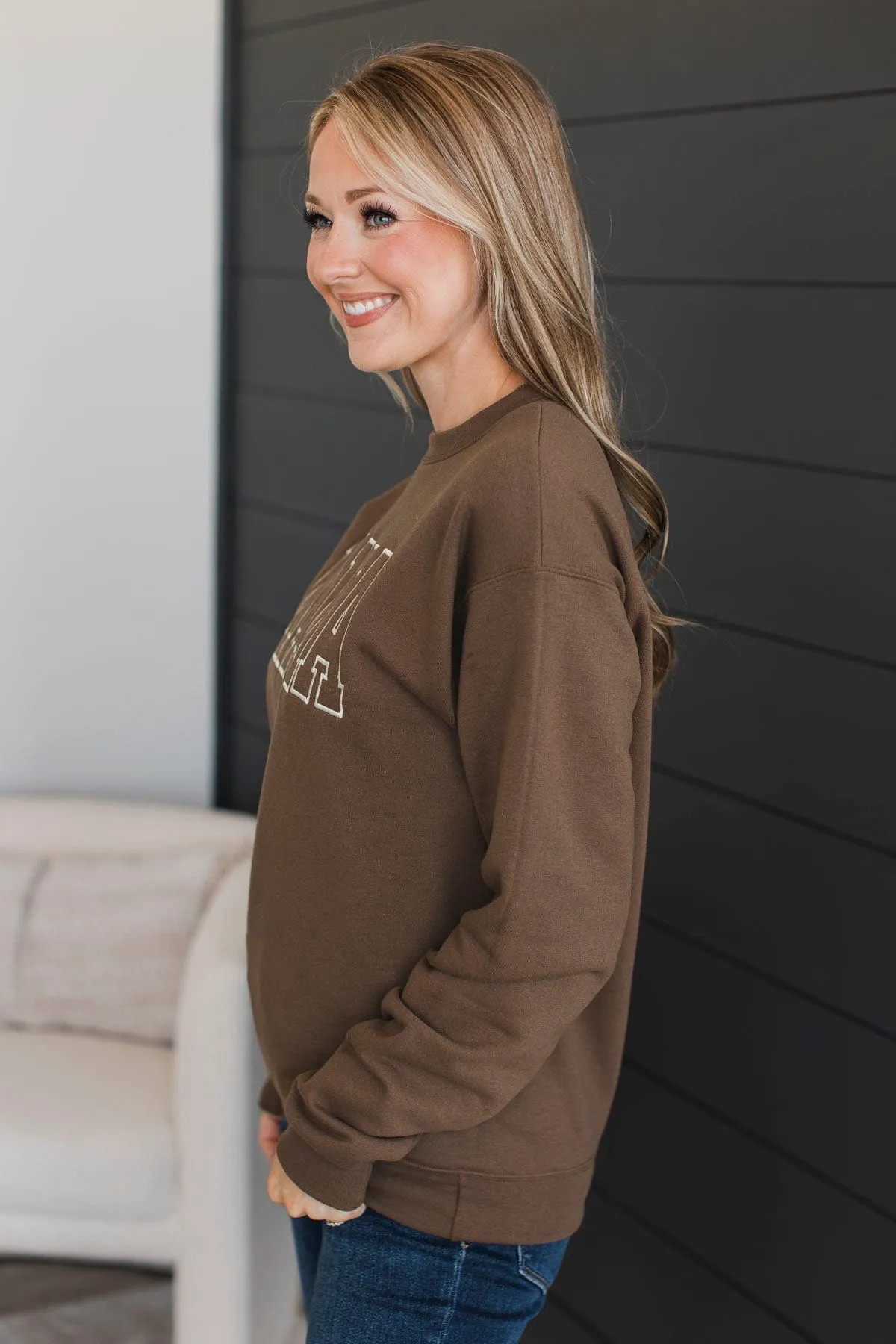 Mama Embroidered Crew Neck Pullover- Chocolate