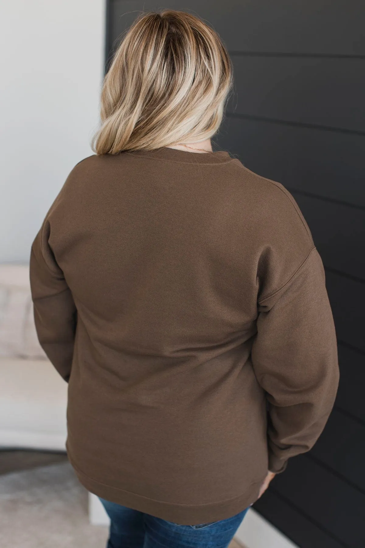 Mama Embroidered Crew Neck Pullover- Chocolate