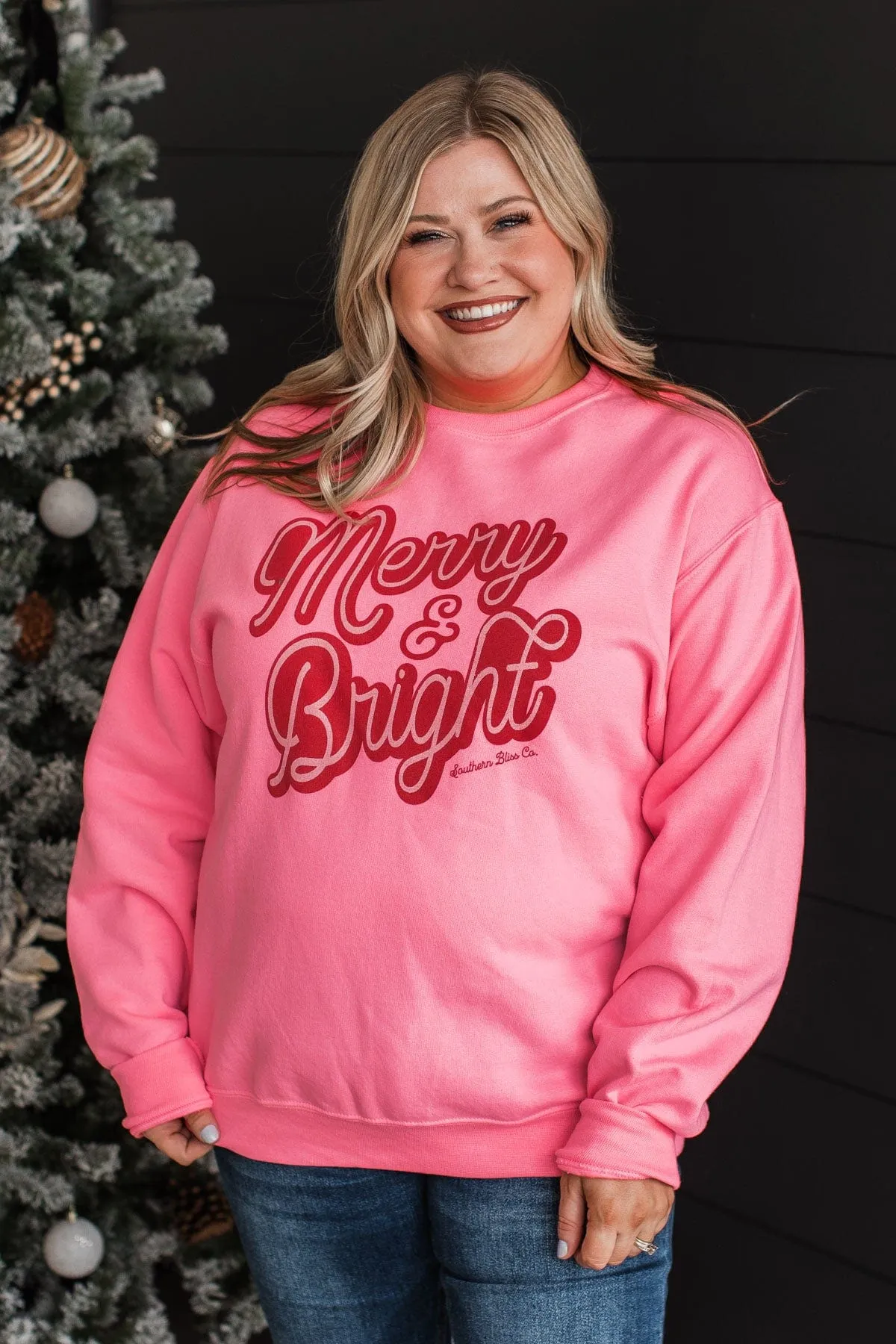 Merry & Bright Crew Neck Pullover- Neon Pink