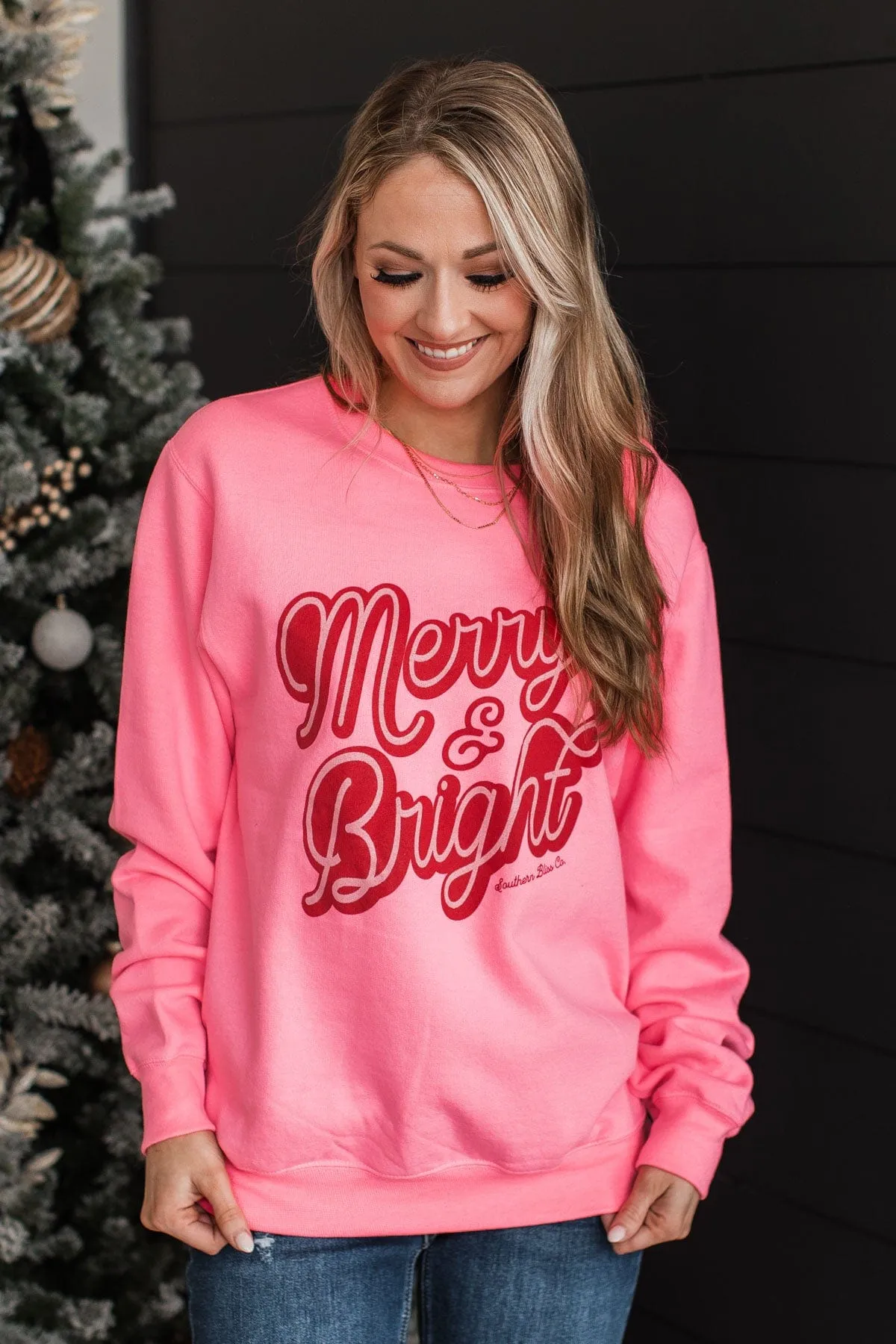 Merry & Bright Crew Neck Pullover- Neon Pink