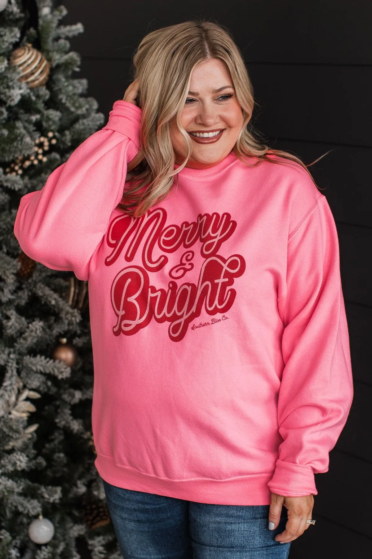 Merry & Bright Crew Neck Pullover- Neon Pink