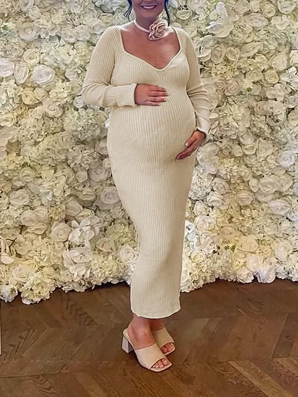 Momnfancy Apricot Crochet Bodycon Long Sleeve Elegant Chic BabyShower Maternity Maxi Dress