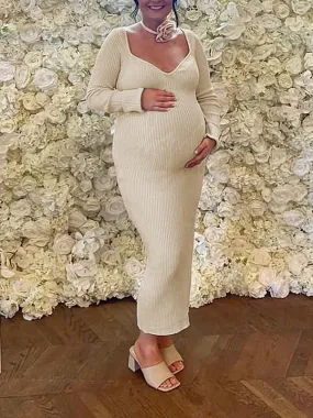 Momnfancy Apricot Crochet Bodycon Long Sleeve Elegant Chic BabyShower Maternity Maxi Dress