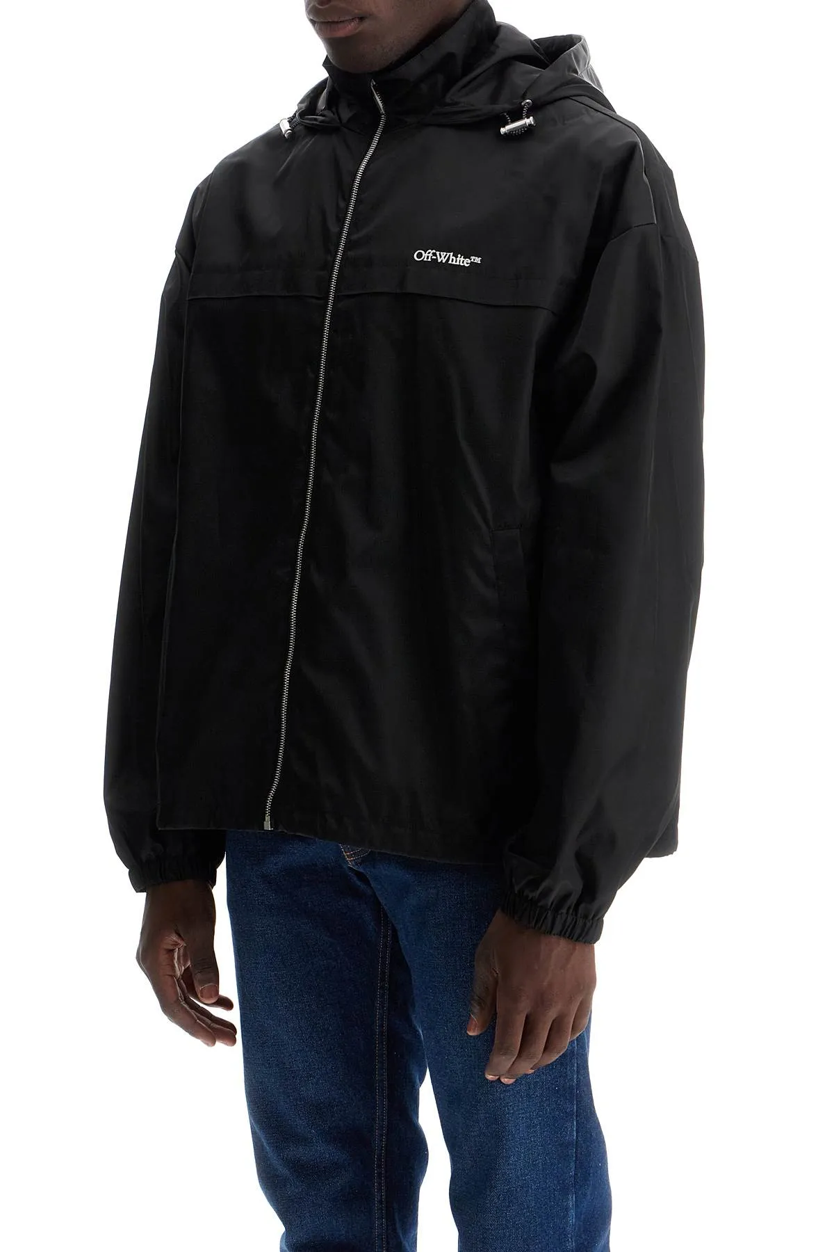 Off White Boxy Windbreaker Jacket With Hood   Black