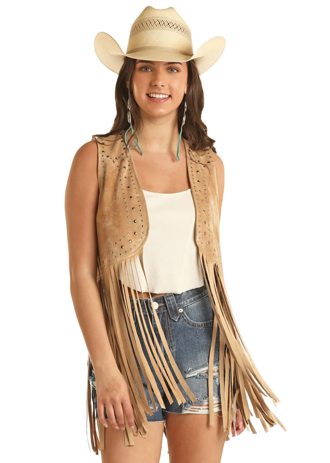 Panhandle Slim Womens Camel Studded Fringe Vest