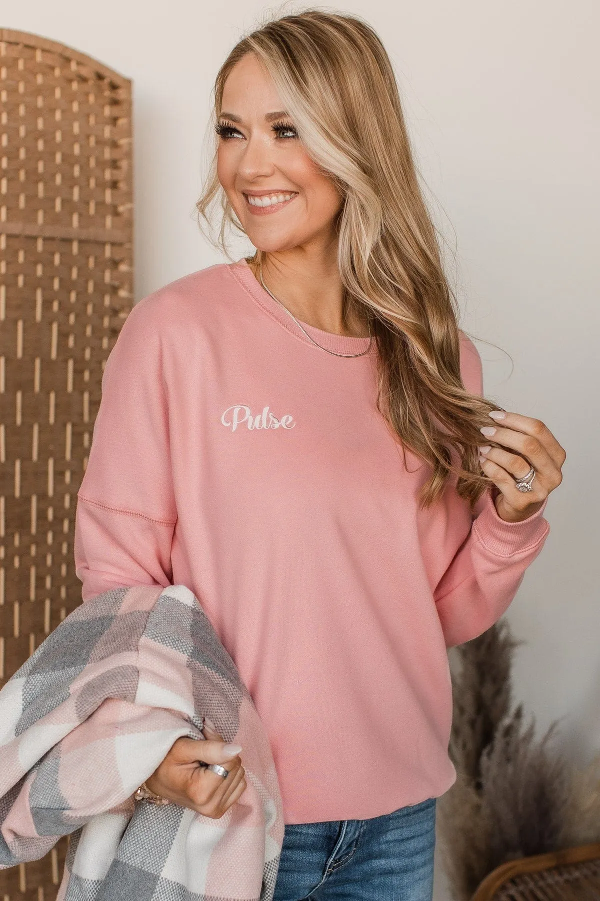 Pulse Embroidered Crew Neck Pullover- Light Pink