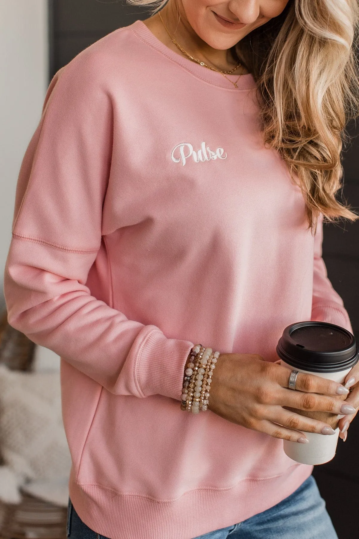 Pulse Embroidered Crew Neck Pullover- Light Pink