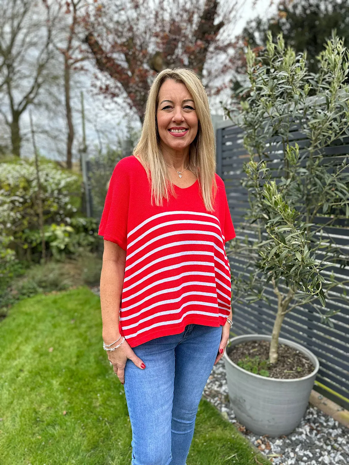 Red V Neck Stripe Knit Leonie