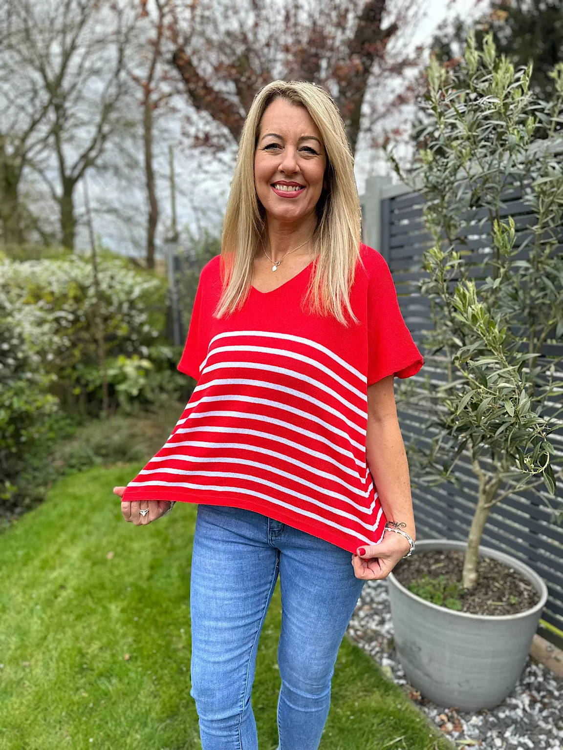 Red V Neck Stripe Knit Leonie