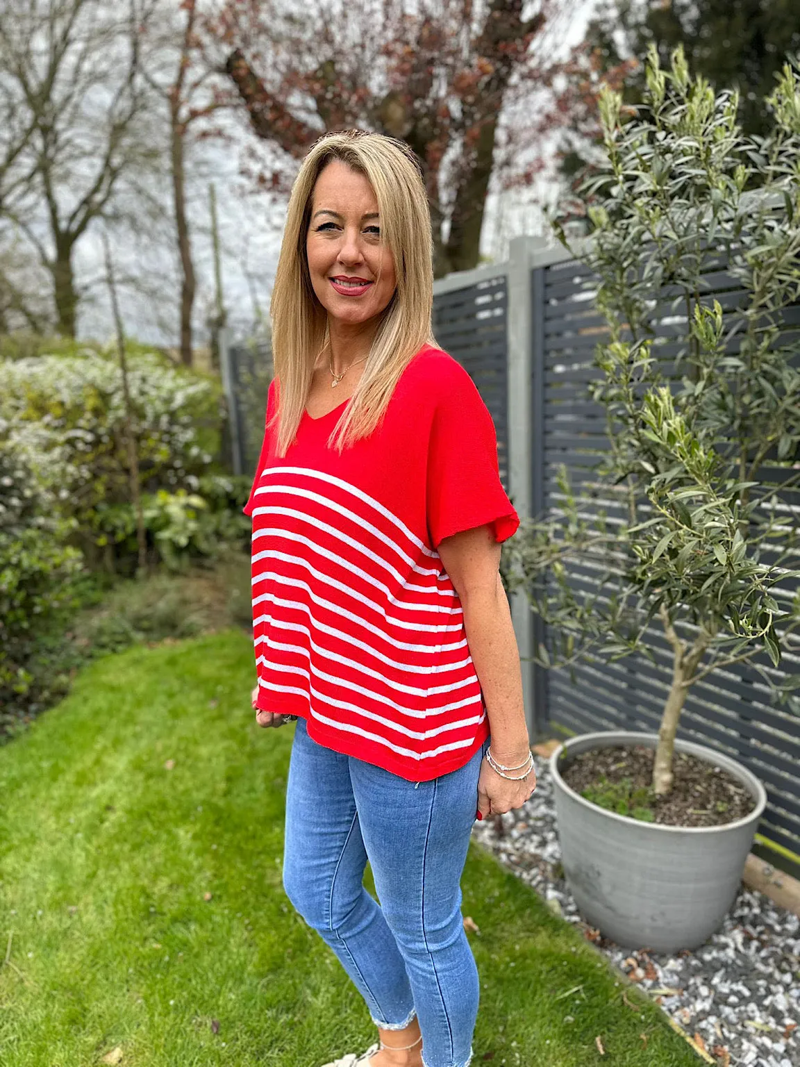 Red V Neck Stripe Knit Leonie