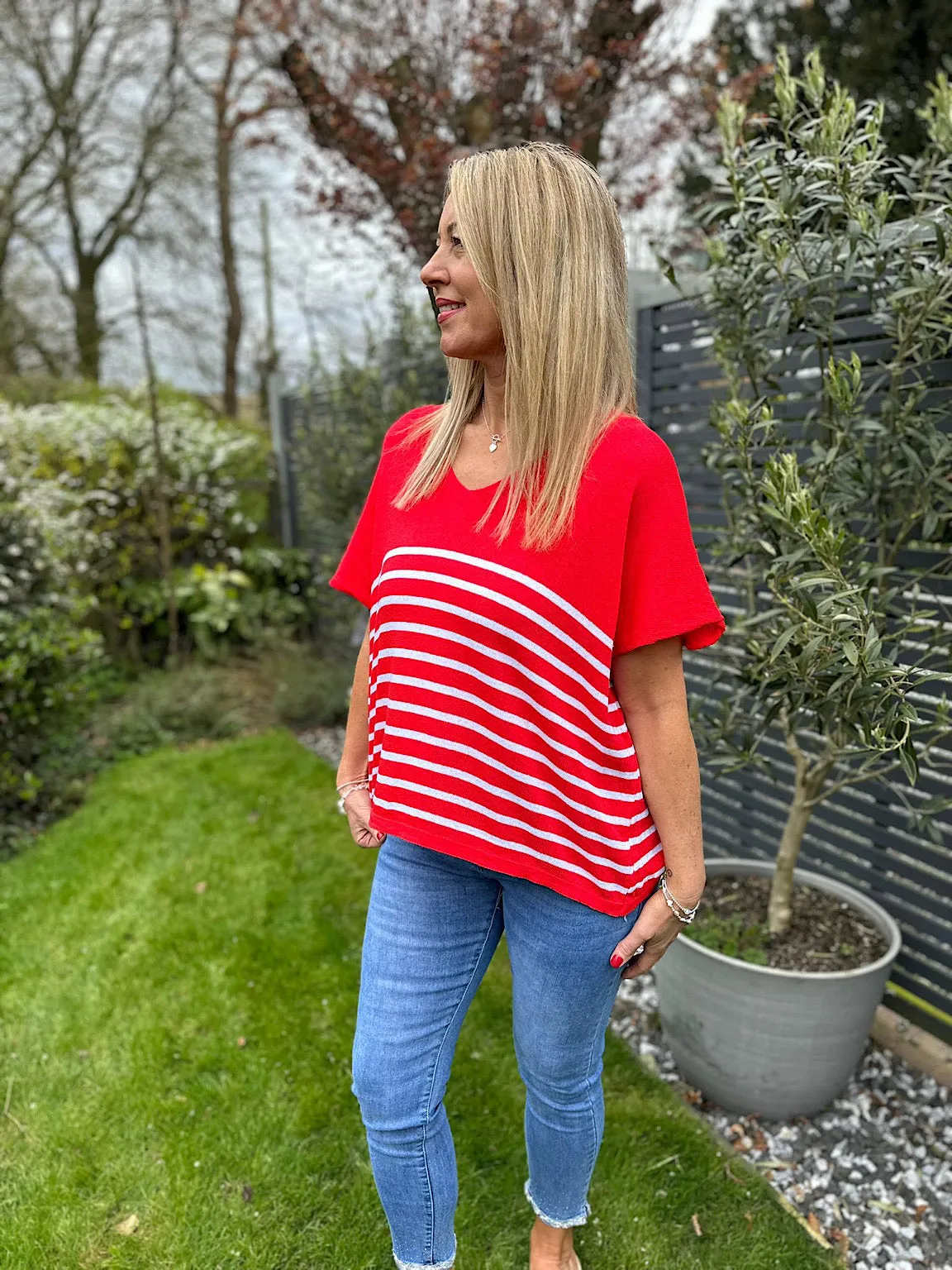 Red V Neck Stripe Knit Leonie