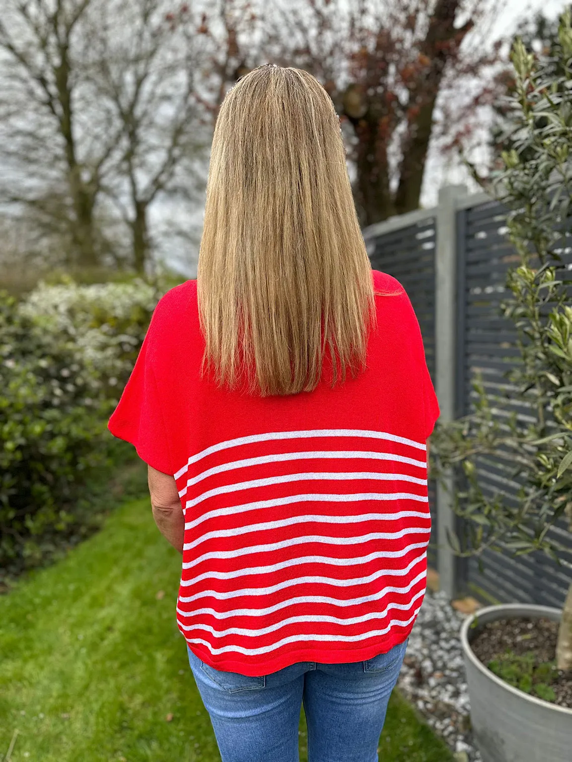 Red V Neck Stripe Knit Leonie