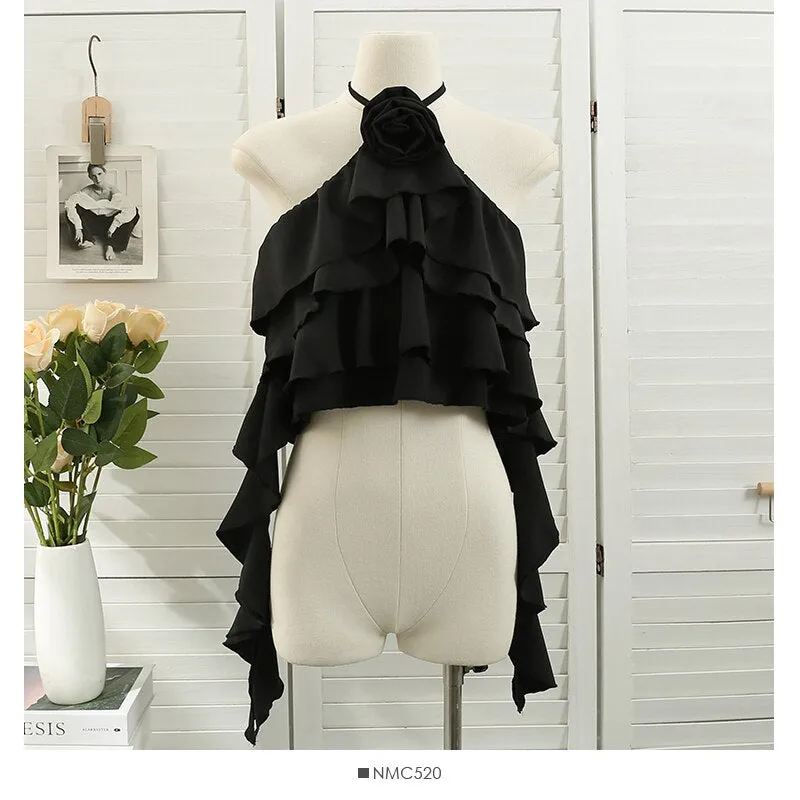 Summer Tops Sexy Blouse Halter Shirts Women Ruffles Shirt Backless Crop Top