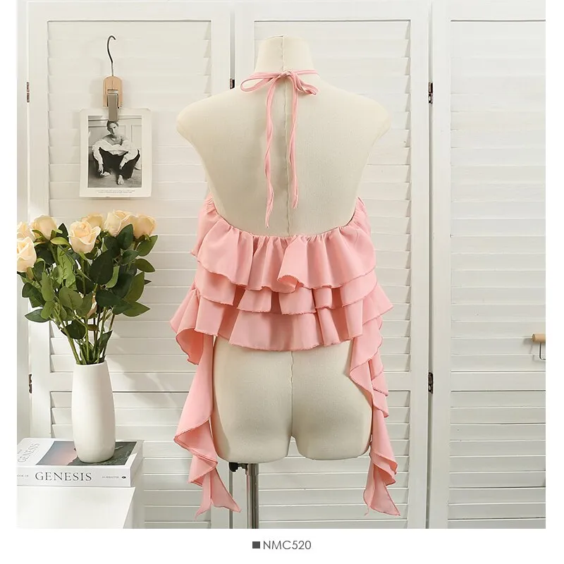 Summer Tops Sexy Blouse Halter Shirts Women Ruffles Shirt Backless Crop Top