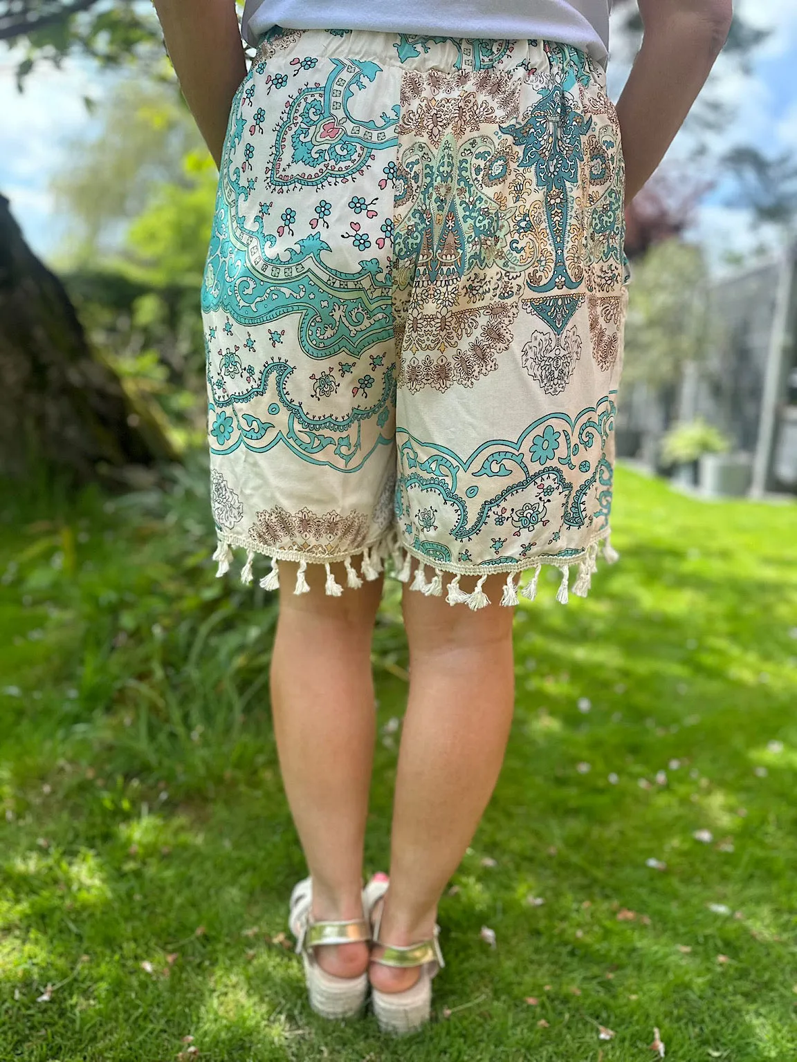 Teal Multi Print Tassel Shorts Lucia