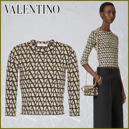 VALENTINO  |Wool Long Sleeves Elegant Style Logo V-neck & Crew neck