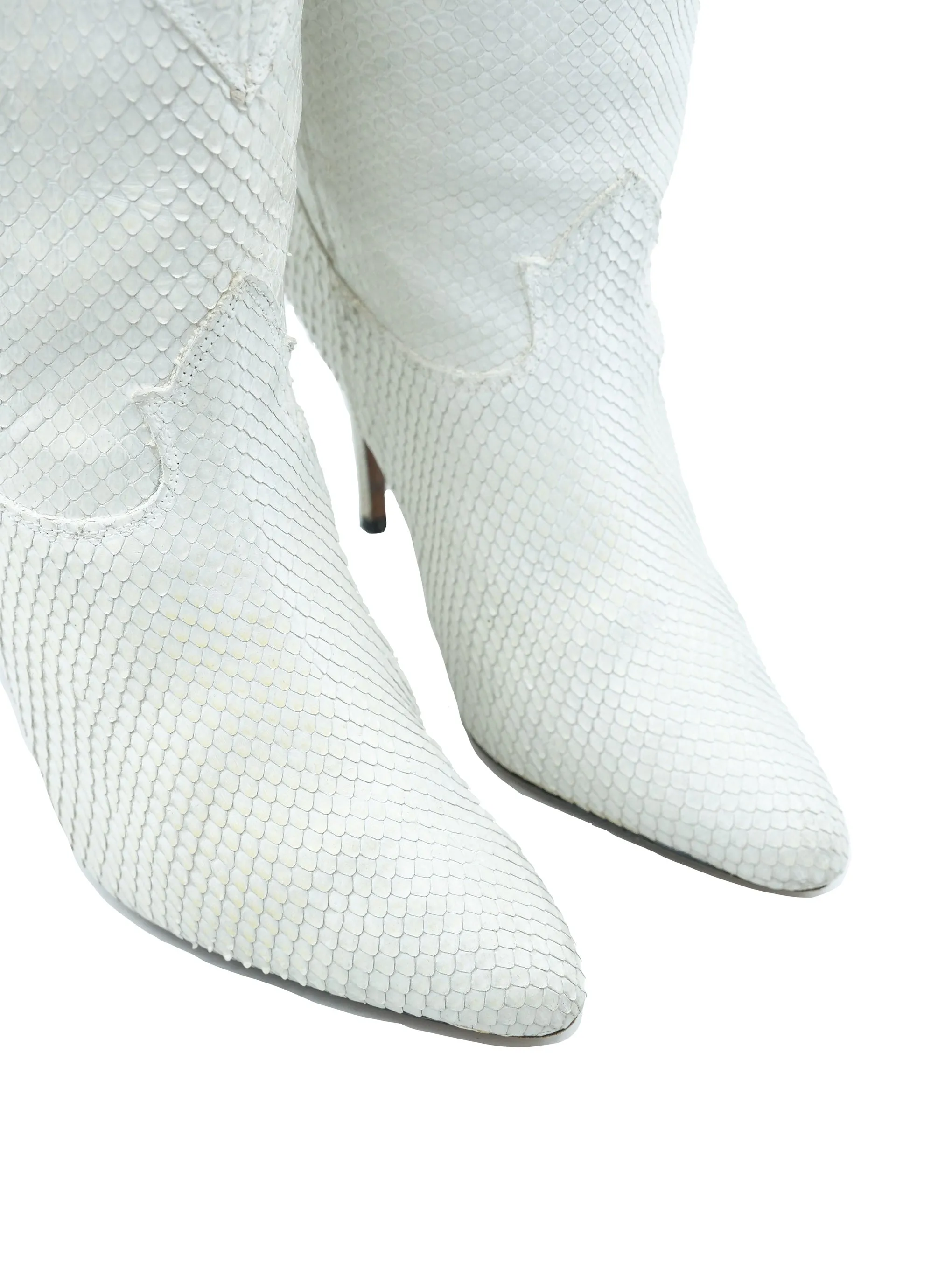 White Snakeskin Heeled Leather Boots, 7