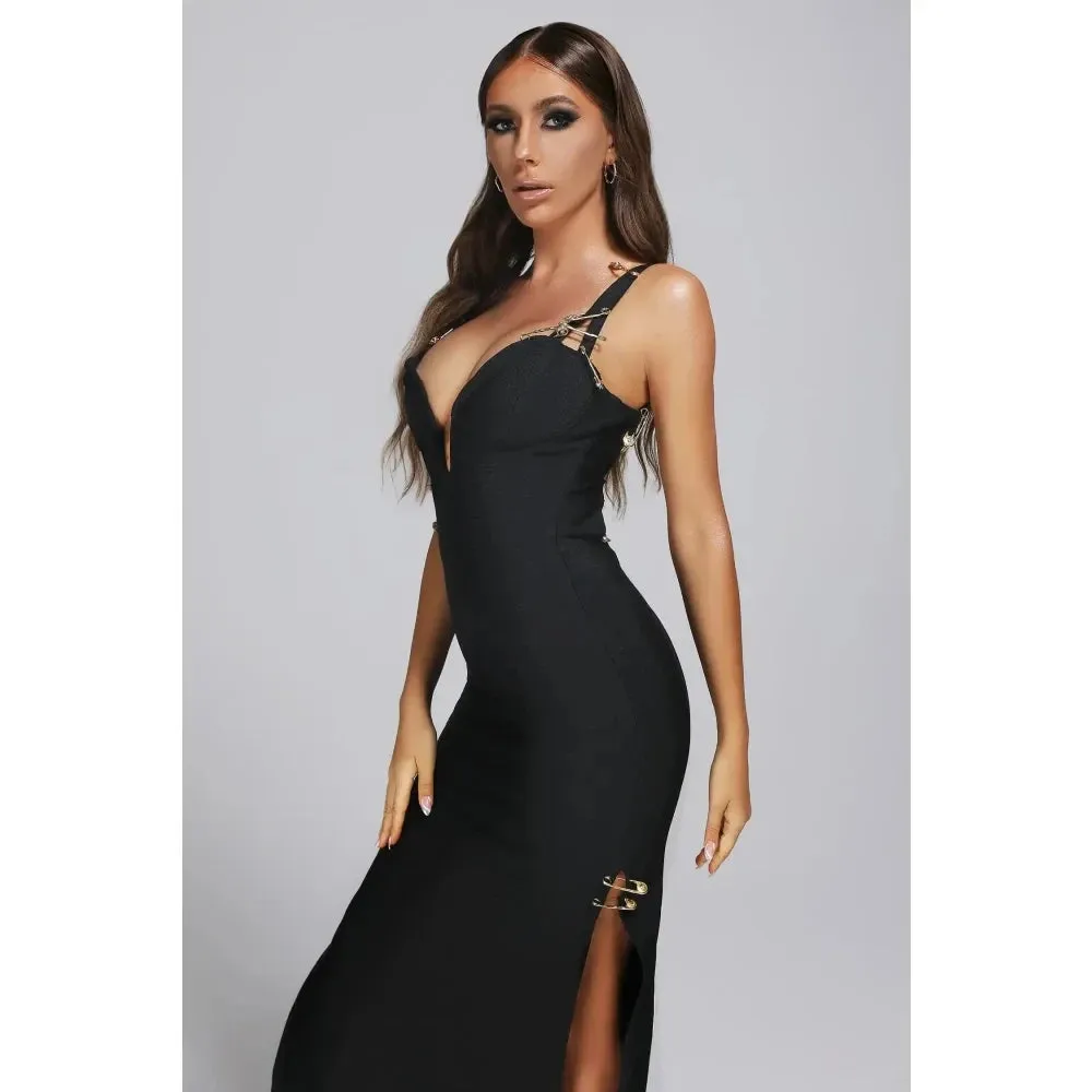 Women's V-Neck Sling Hollow Metal Buckle Split Bandage Dress