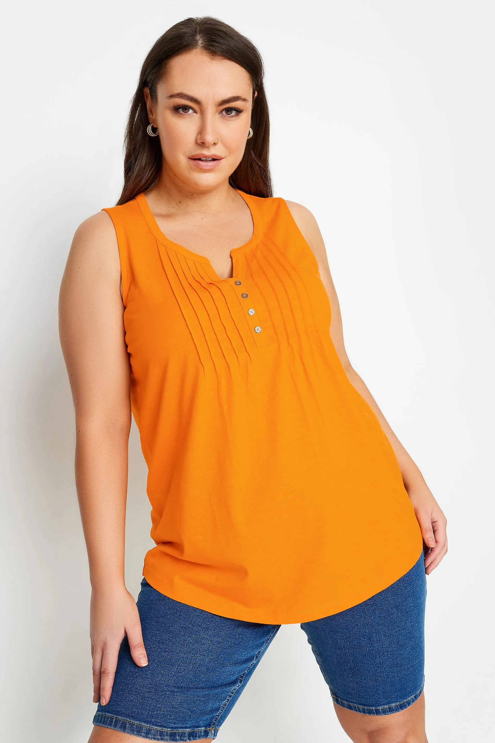 YOURS Curve Orange Pintuck Henley Vest Top